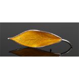 David Andersen Sterling silver and yellow enamel brooch, in the form of a leaf, 71mm long