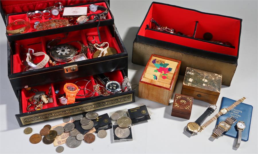 Two jewellery boxes containing costume jewellery, coins, watches, etc, (Qty)