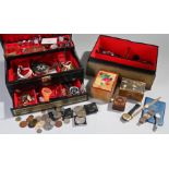 Two jewellery boxes containing costume jewellery, coins, watches, etc, (Qty)