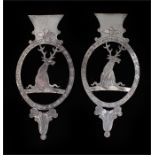 White metal mounts depicting a stag in oval frame which rests on plumes. Overall height 16cm.