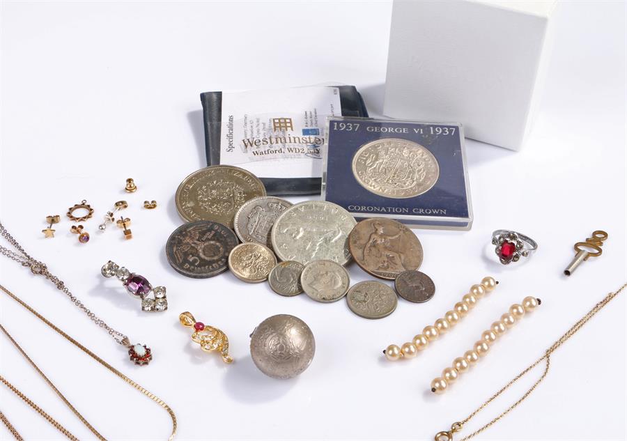 Mixed lot to include coins together with jewellery, necklaces, ear studs etc, (qty)