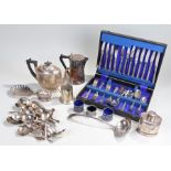 Silver plated wares, to include a 19th Century tea caddy, flatware, mustards, a soup ladle, etc, (