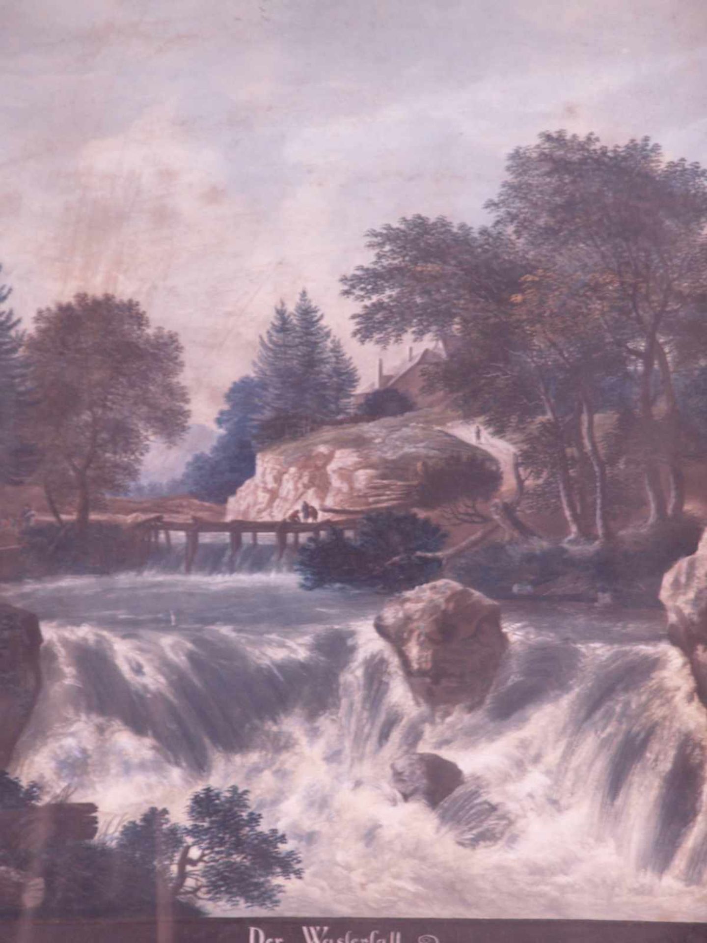 Landschaftsmaler 19.Jh. - Wasserfall in bewaldeter Felslandschaft mit Holzbrücke unterhalb einer - Bild 2 aus 8