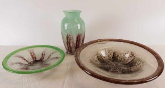Konvolut Ikora - WMF Ikora Schalen und Vase, Klarglas mit braun/grünen Pulver- und