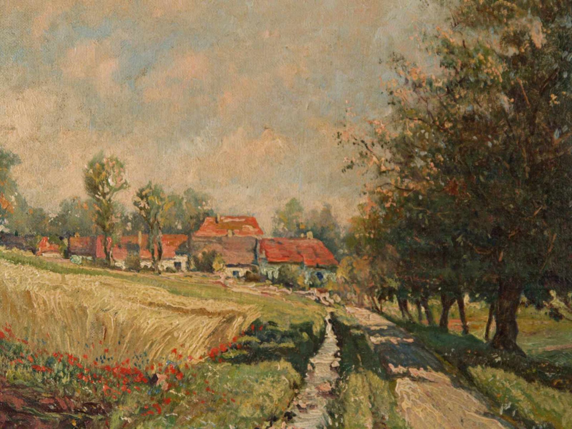 Anonym - Sommerliche Feldlandschaft mit Häusern, Öl auf Karton, im impressionistischen Stil, ca.23, - Bild 2 aus 6