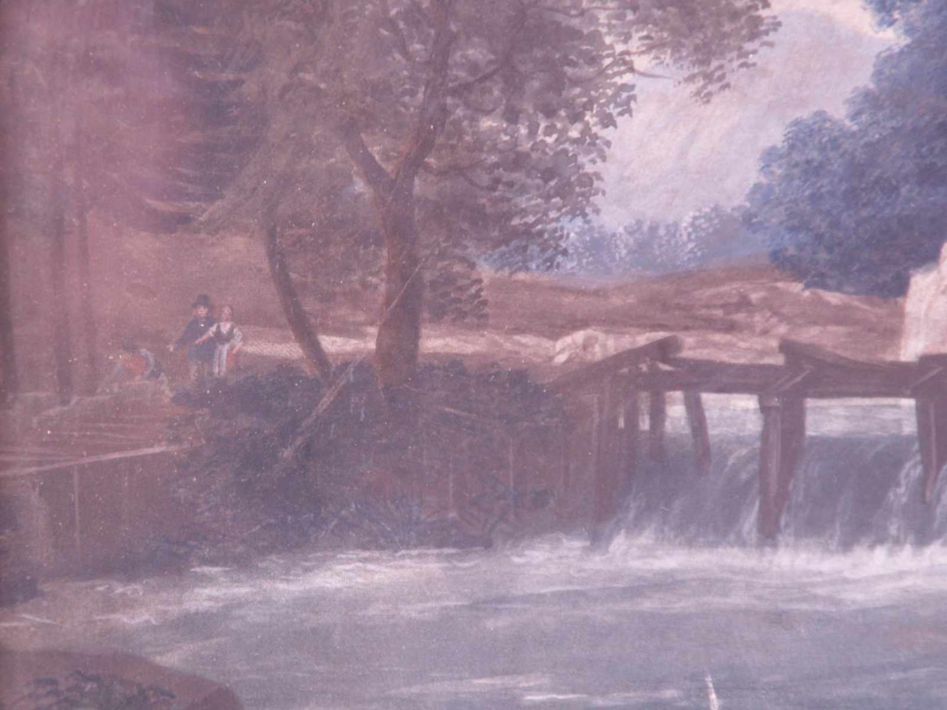 Landschaftsmaler 19.Jh. - Wasserfall in bewaldeter Felslandschaft mit Holzbrücke unterhalb einer - Bild 5 aus 8