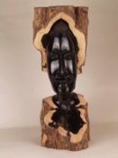 Masaikopf - Ebenholz mit brauner Holzrinde,geschnitzt,Dar es Saalam/Tansania,ca.60x24cm,Gewicht ca.