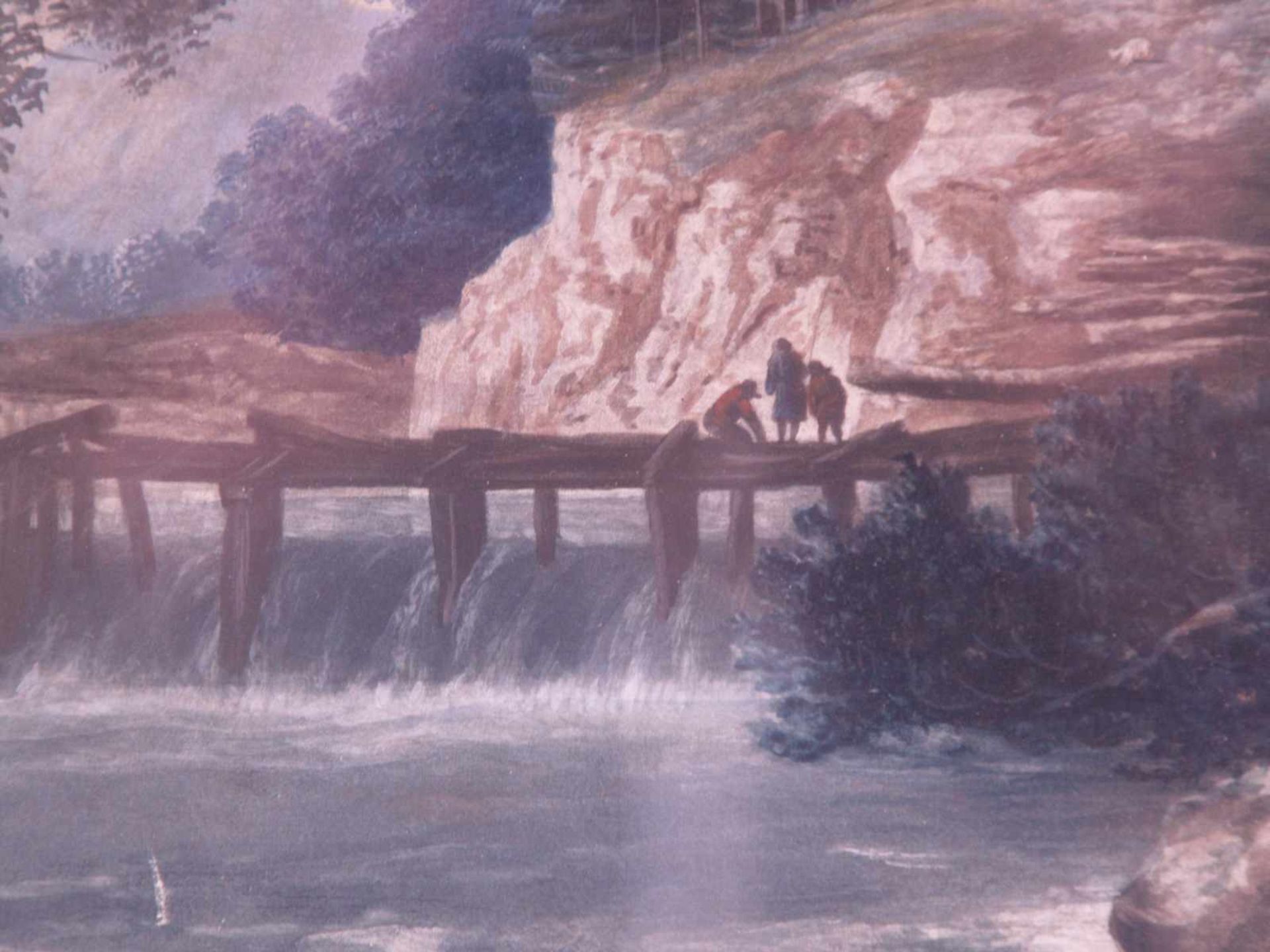 Landschaftsmaler 19.Jh. - Wasserfall in bewaldeter Felslandschaft mit Holzbrücke unterhalb einer - Bild 4 aus 8
