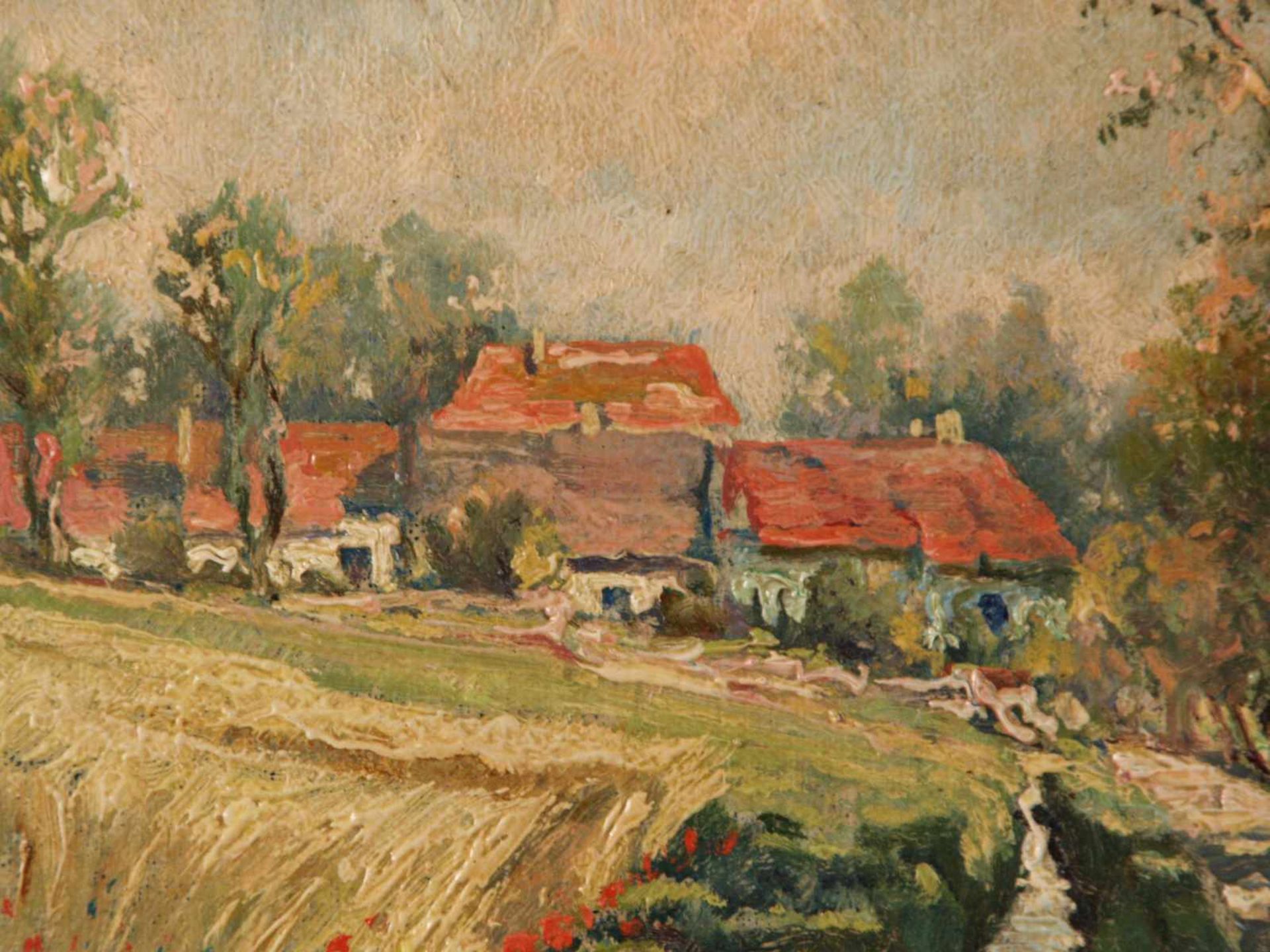 Anonym - Sommerliche Feldlandschaft mit Häusern, Öl auf Karton, im impressionistischen Stil, ca.23, - Bild 3 aus 6