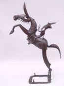 Bewaffneter Reiter auf steigendem Pferd - Bronze,Benin/Afrika,Reiter abnehmbar,Pferdehals und