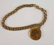 Armband mit Goldmünze - Gliederkette 585 Gelbgold gestempelt, gefasste 10-Franc-Goldmünze von 1905