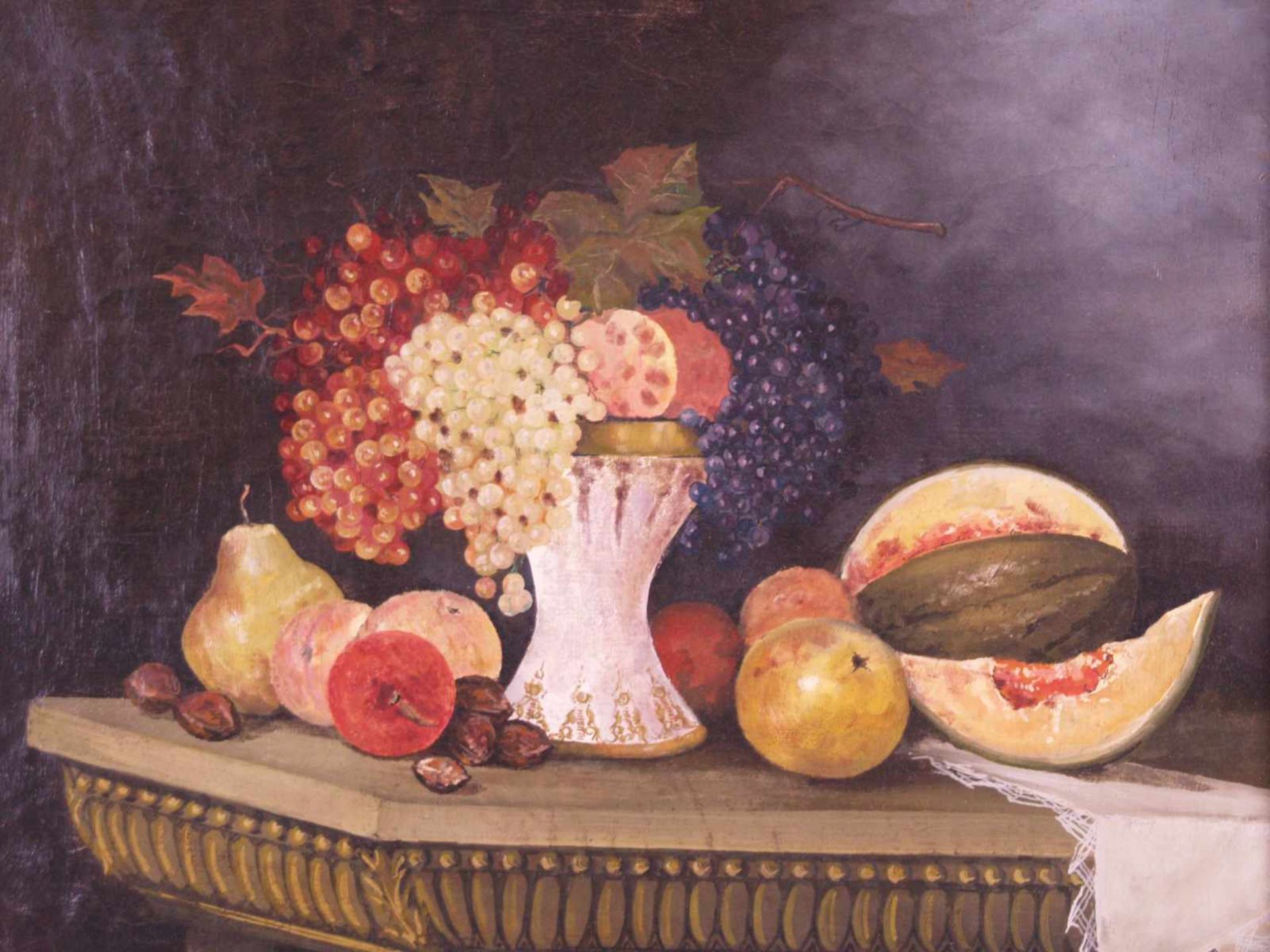 Anonym - Stillleben mit Früchten, Öl auf Leinwand, krakeliert, Risse in der Farbschicht, im - Bild 2 aus 6