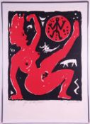 Penck, A.R. (1939 Dresden) - Sans titre (Femme/Weiblicher Akt im Rot mit Zeichen), Serigrafie,
