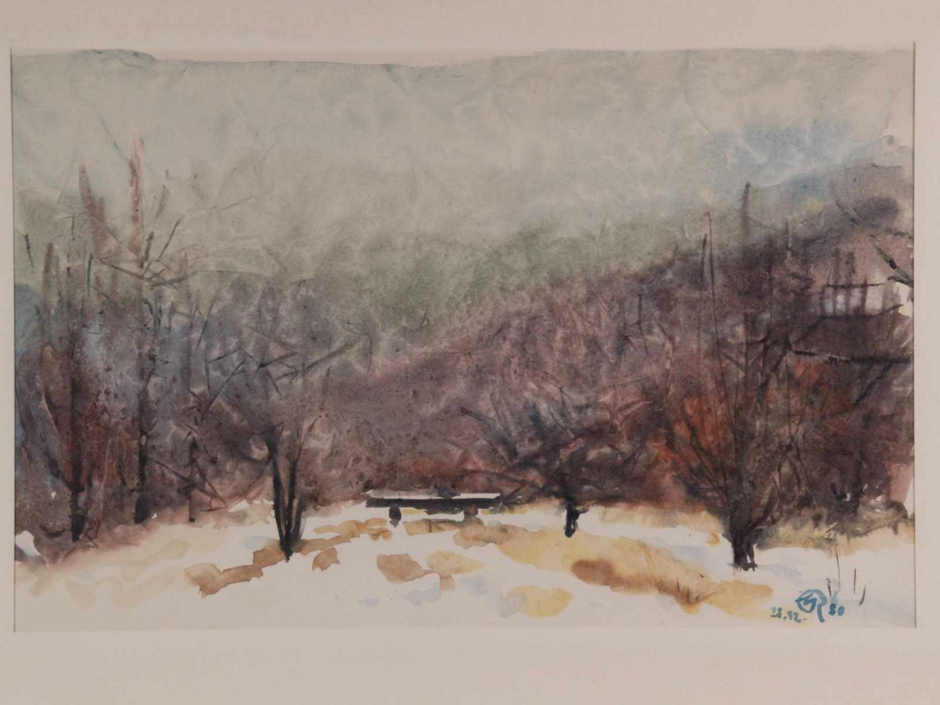 Gress,K.(Marburger Maler) - Verschneite Landschaft,Aquarell auf Papier,gerahmt mit Passepartout,ca. - Bild 2 aus 3