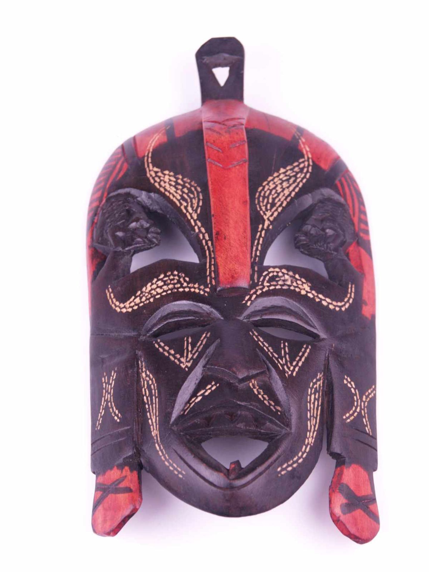 Gesichtsmaske- Kenia, Holz geschnitzt, schwarz/rot bemalt, rückseitig im Schnitt bez. "Jambo Kenya