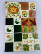 6 Jugendstil-Kacheln - Keramik,mit floralen Motiven, Glasur krakeliert u. partiell lt.best., z.T.aus