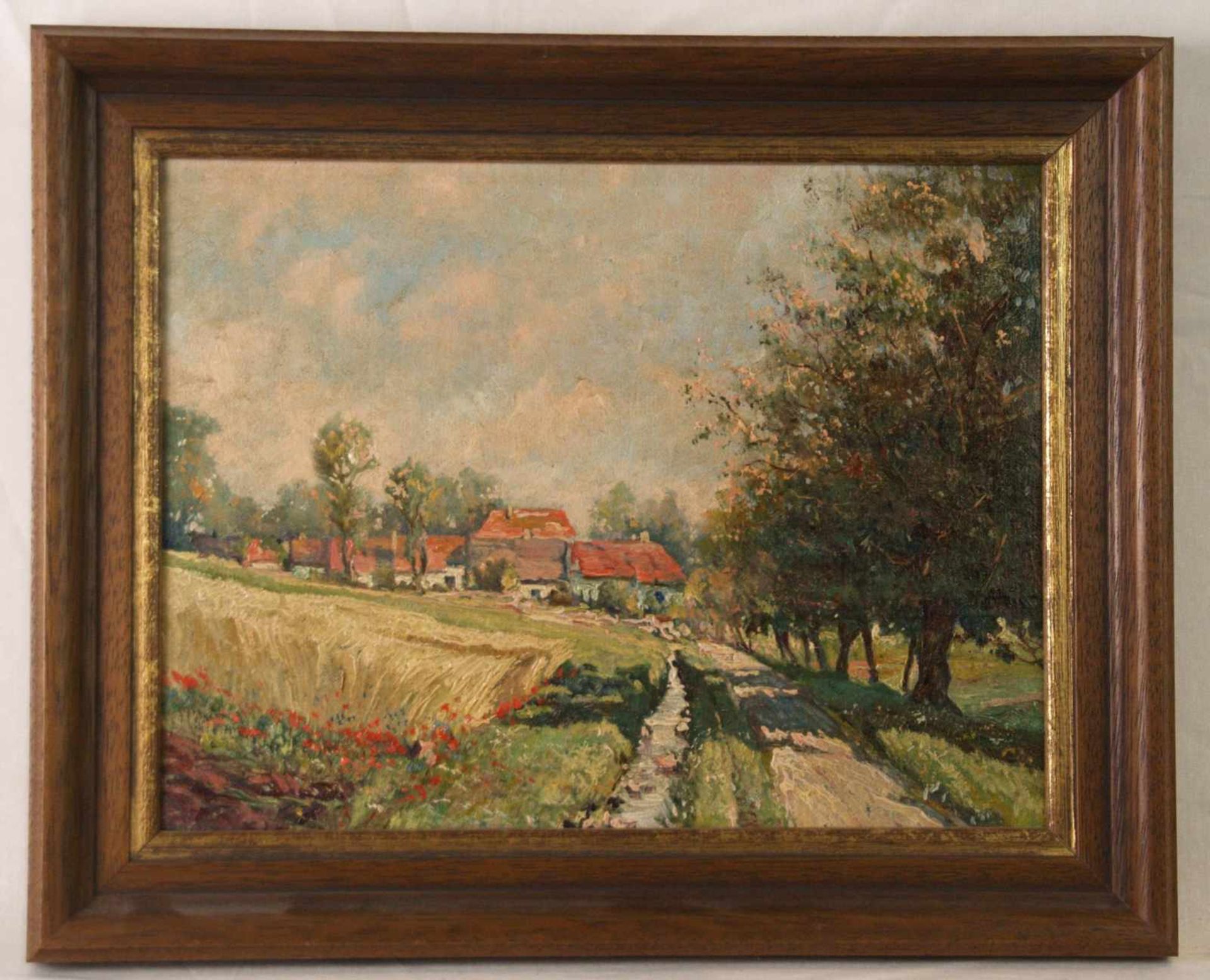Anonym - Sommerliche Feldlandschaft mit Häusern, Öl auf Karton, im impressionistischen Stil, ca.23,