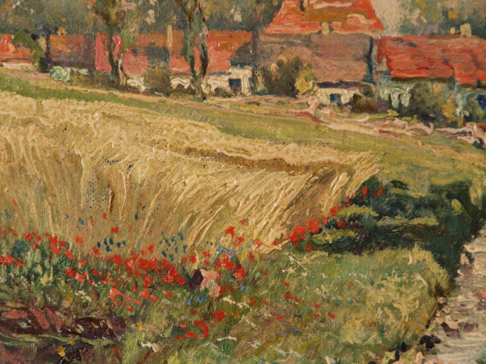 Anonym - Sommerliche Feldlandschaft mit Häusern, Öl auf Karton, im impressionistischen Stil, ca.23, - Bild 4 aus 6