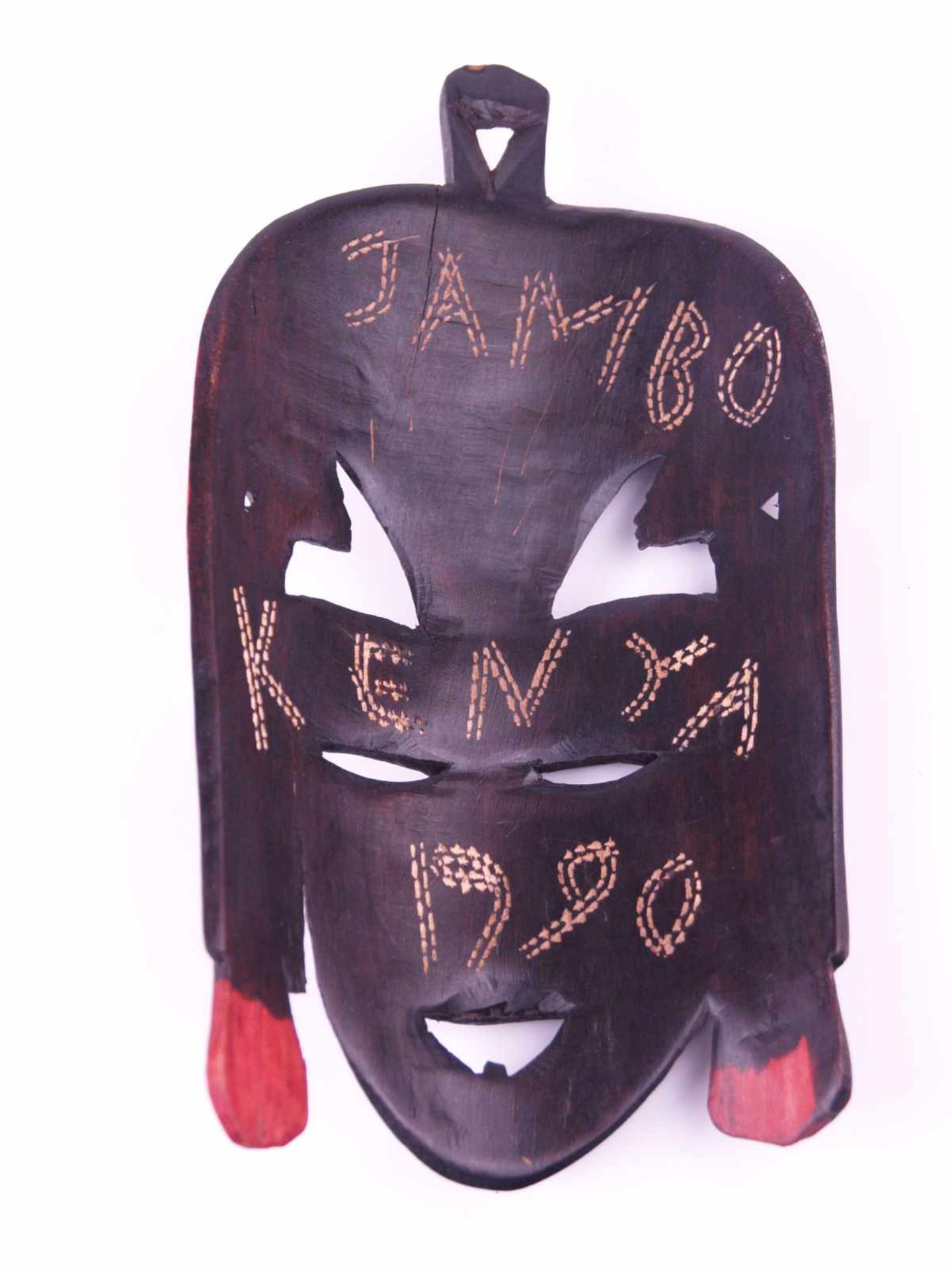 Gesichtsmaske- Kenia, Holz geschnitzt, schwarz/rot bemalt, rückseitig im Schnitt bez. "Jambo Kenya - Bild 4 aus 4