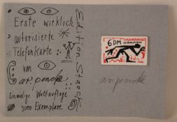Penck, A.R.(*1939) - Telefonkarte mit schwarz/rotem Aufdruck in Klappkarte "6 DM, 20 Einheiten",