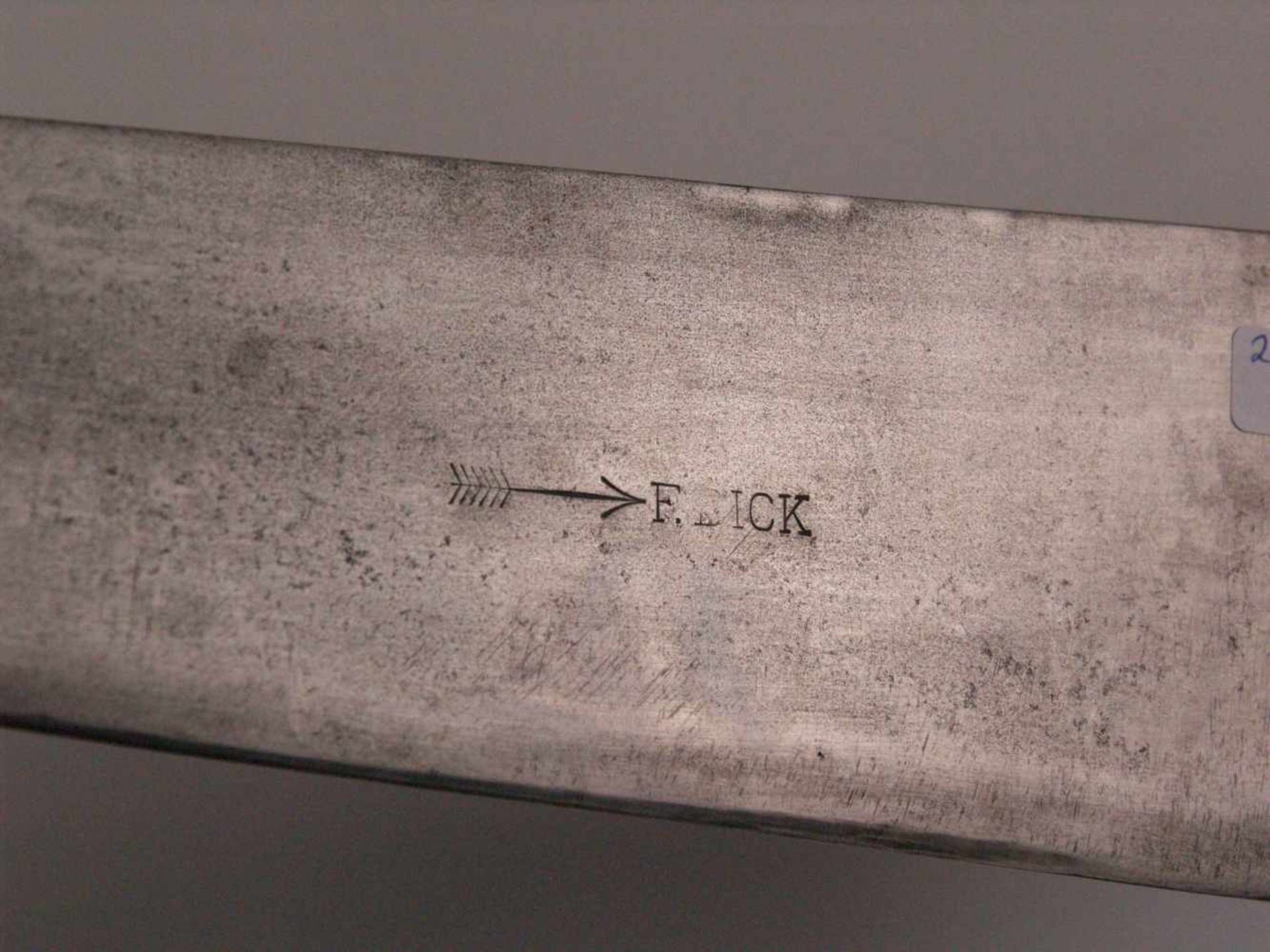 Metzgermesser - Griffschalen aus Olivenholz,Klinge sign."F.Dick",Ende 19.Jh.,Länge ca. 48,5cm - Bild 5 aus 5