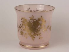 Glasvase/ Cachepot - roséfarbenes Opakglas mit floralem Golddekor, zylindrische Form mit leicht