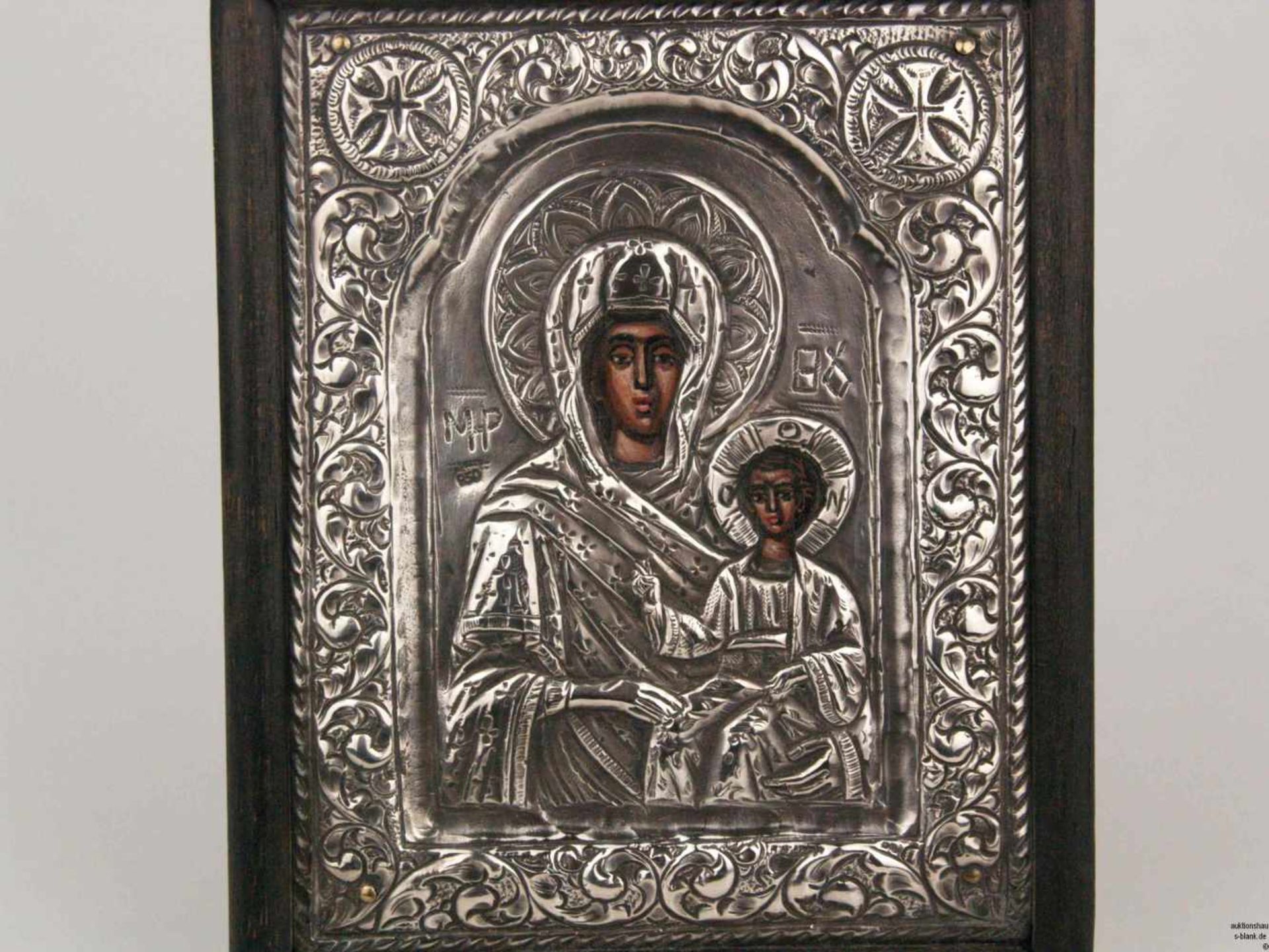 Reiseikone - wohl Russland, Darstellung der Mutter Gottes mit Kind, Silberoklad, 950 gestempelt, - Bild 2 aus 6