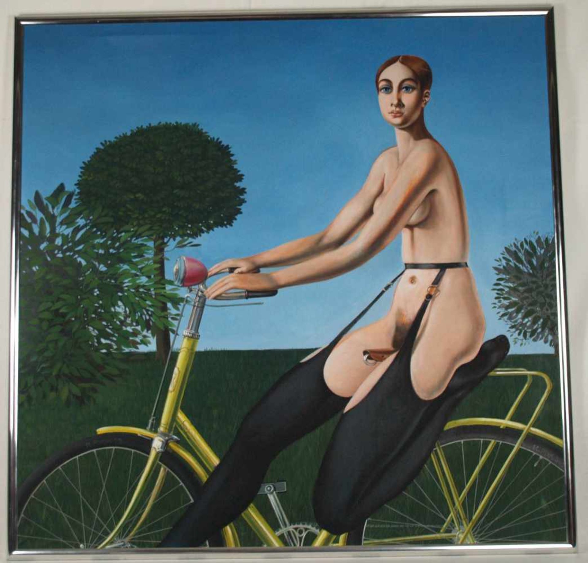 Plotin,Henri (*1939 Berlin)- "La cycliste insolante",Öl auf Leinwand,1973,Radreifen mit