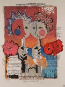 Wachtmeister, Rosina (geb.1939 Wien) - Zwei Flötenspieler,Orig. Farblithographie, handsigniert und