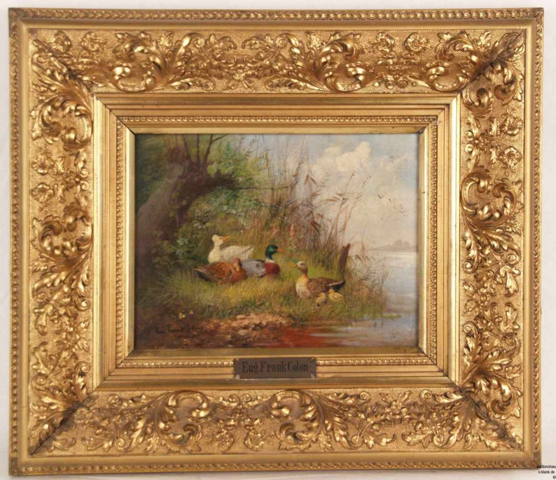 Frank-Colon, Eugen (um 1900/Tiermaler in Düsseldorf und München) - Entenfamilie am Flußufer, Öl - Bild 2 aus 5