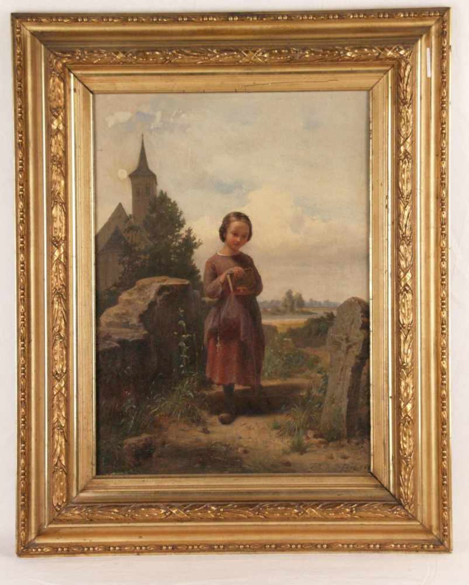 Till, Johann (1827 - 1894,wohl) - Junges Mädchen am verwitterten Grab stehend, mit Gebetbuch und