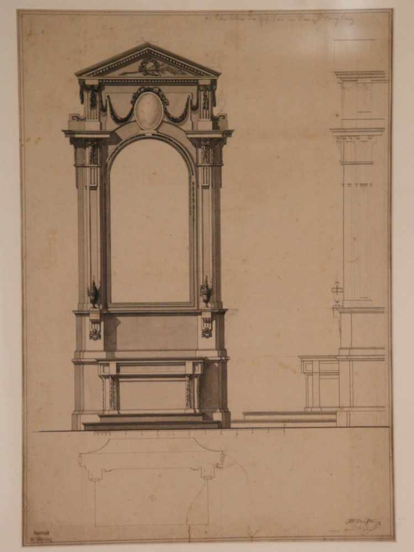 Mehling, M. - Drei Altarentwürfe, Bleistift und Federzeichnung auf Papier, laviert, mit Maßstabskala - Bild 4 aus 5