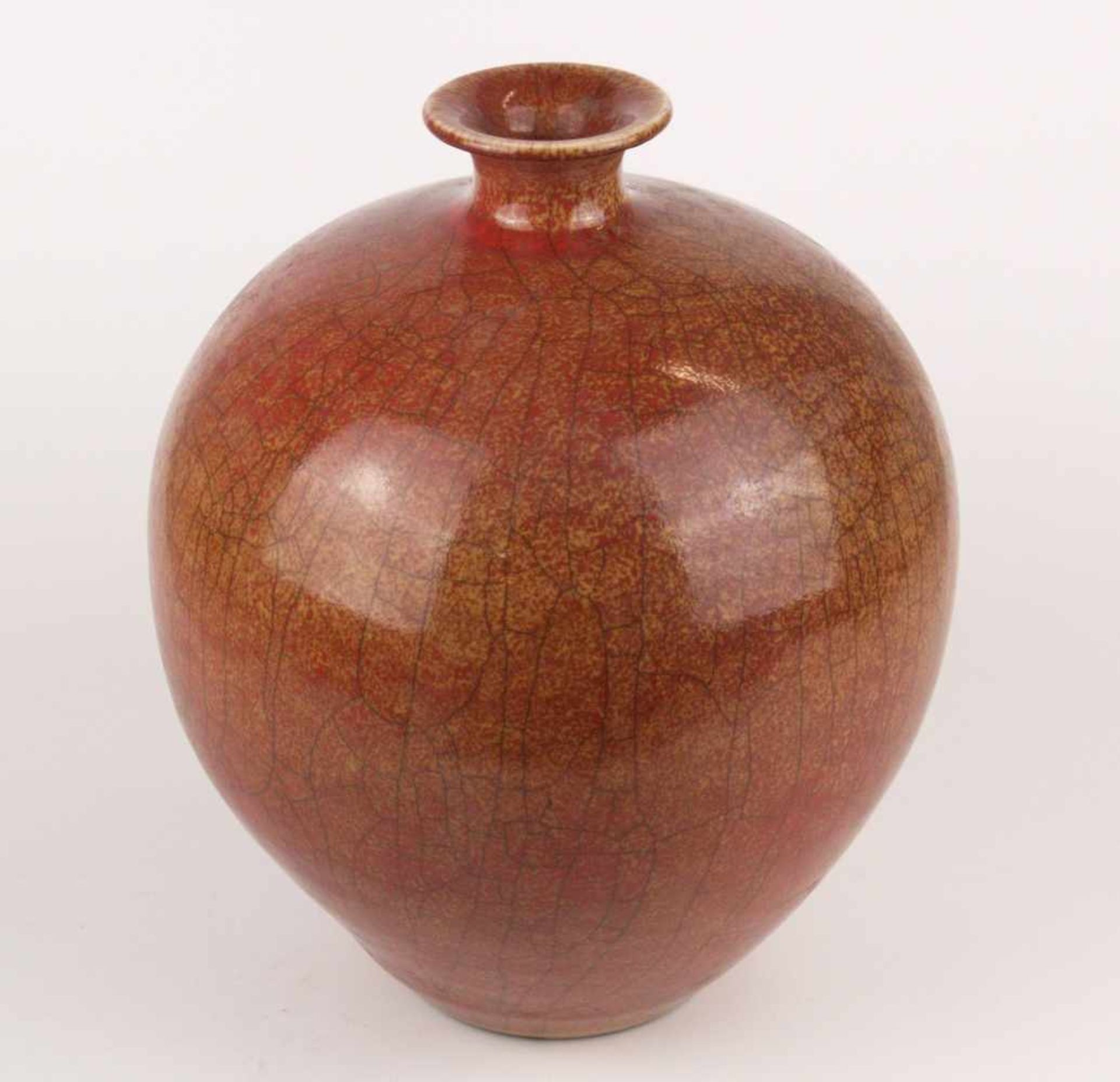Keramikvase - China, kugelförmige Wandung mit eingeschnürter Mündung,braun-beige Spiegelglasur mit