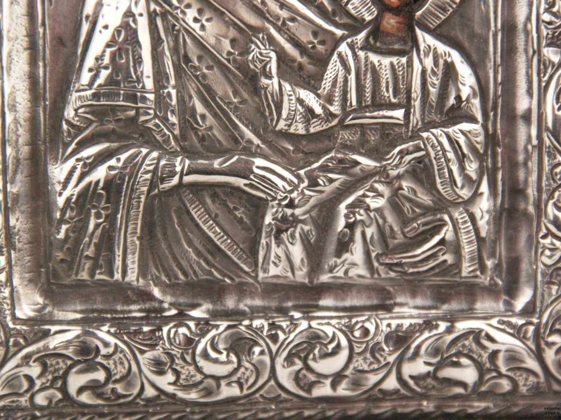 Reiseikone - wohl Russland, Darstellung der Mutter Gottes mit Kind, Silberoklad, 950 gestempelt, - Bild 6 aus 6