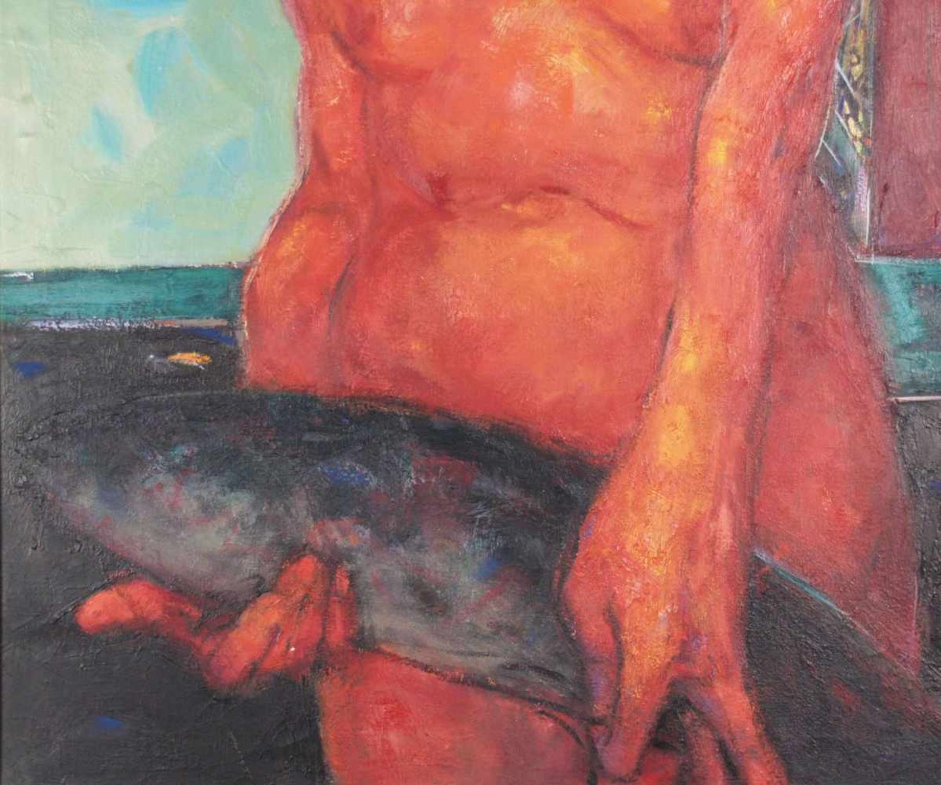 Griesel,Bruno (*1960 Jena) - "Maria mit Fisch",Öl auf Leinwand, 1991,unten rechts signiert und - Bild 3 aus 4