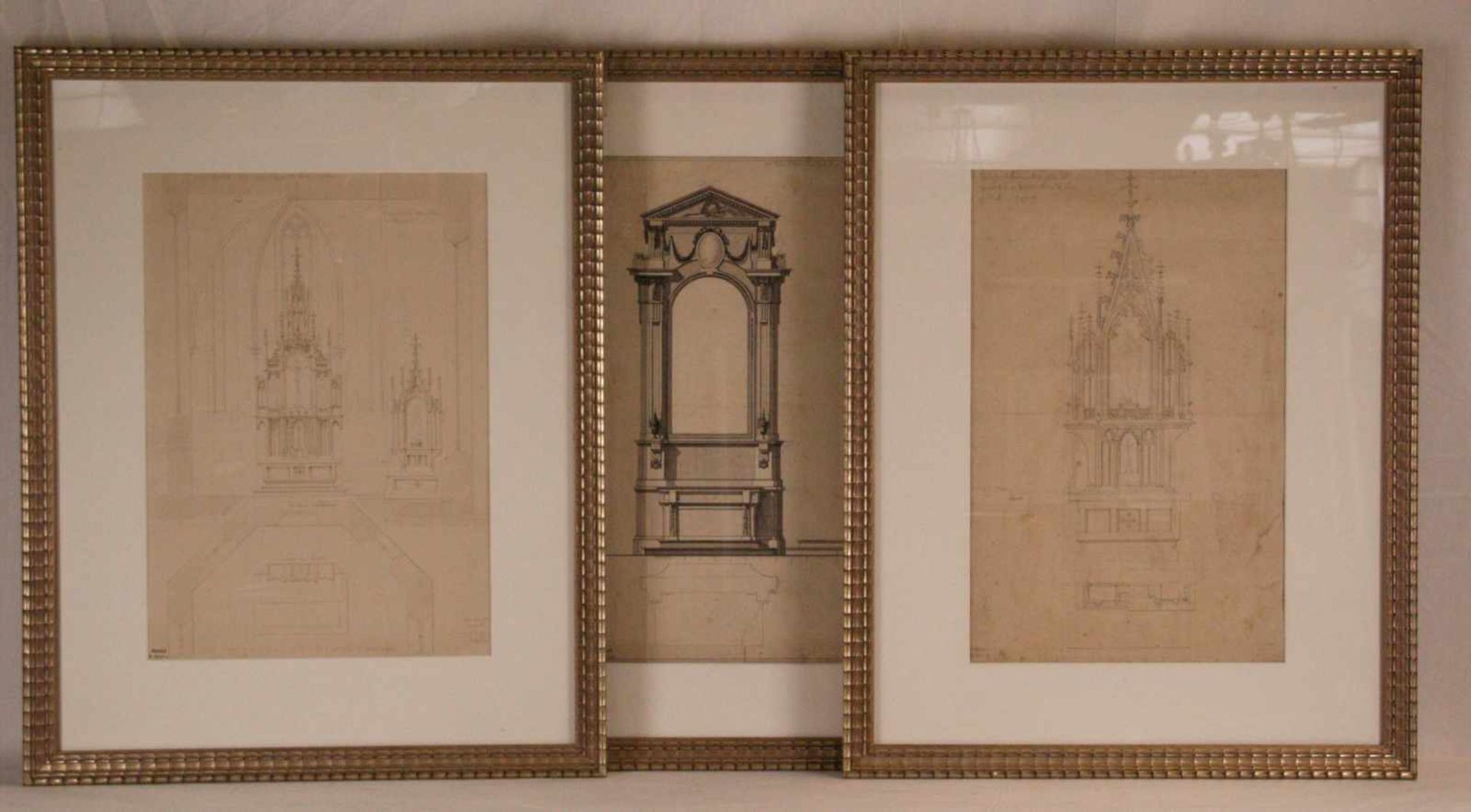Mehling, M. - Drei Altarentwürfe, Bleistift und Federzeichnung auf Papier, laviert, mit Maßstabskala