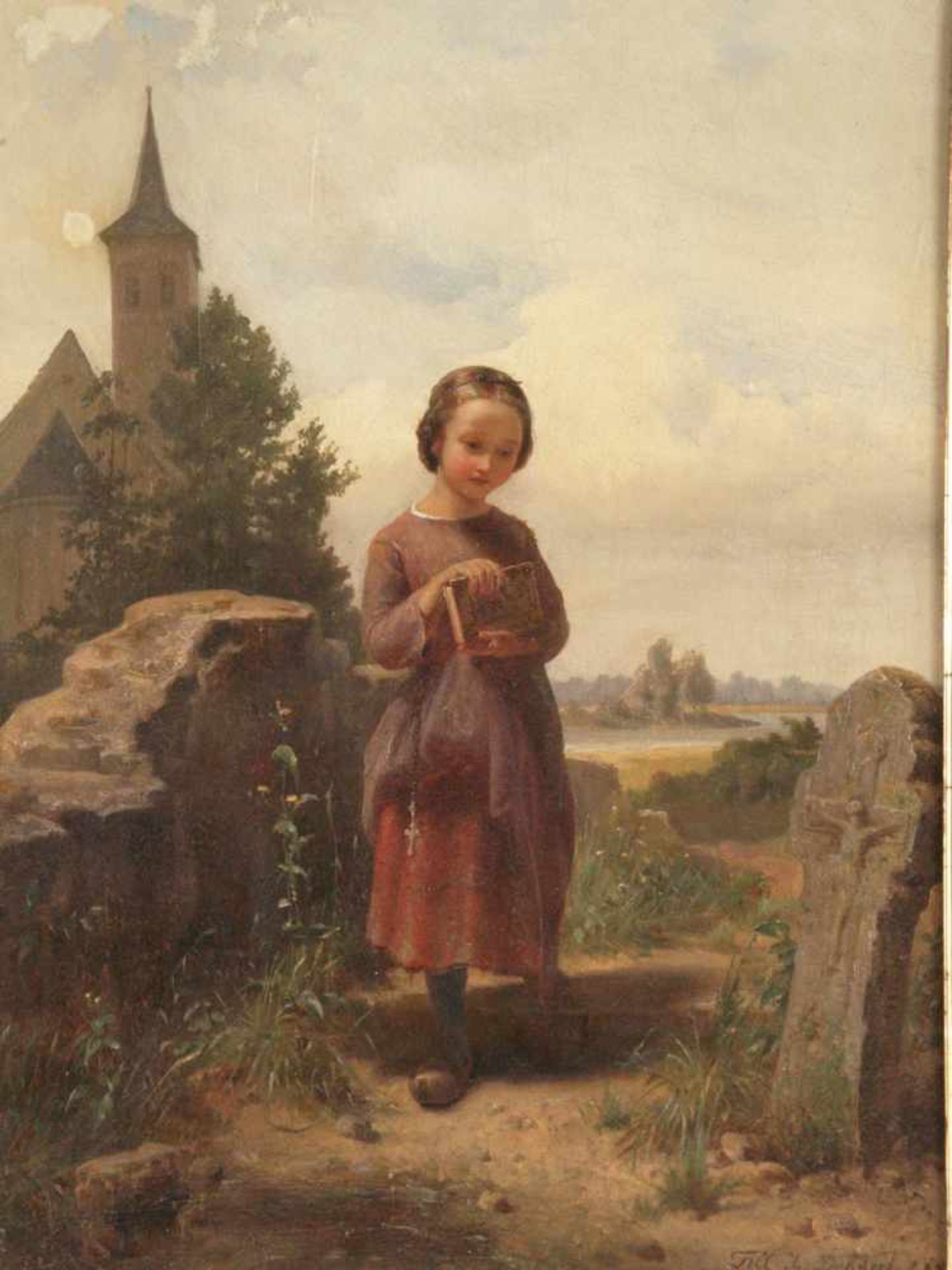 Till, Johann (1827 - 1894,wohl) - Junges Mädchen am verwitterten Grab stehend, mit Gebetbuch und - Bild 2 aus 8