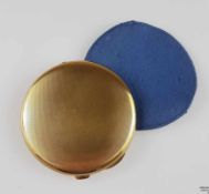 Puderdose - Metall vergoldet, runde Form mit Scharnierdeckel und Innenspiegel, Textileinsatz,