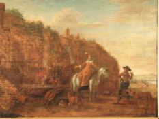 Weenix,Jan (1640-1721/Umfeld) - Felsenlandschaft mit Ruine, im rechten Vordergrund Dame zu Pferd und