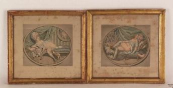 Paar Kupferstiche - jeweils mit einer Odaliske im Schlafzimmer Interieur, kolorierte Kupferstiche