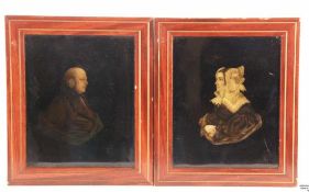Portraits eines Ehepaars - 19.Jh.,frühe Fotografien(?) auf Glasplatte, lackierter Holzrahmen ca.18,