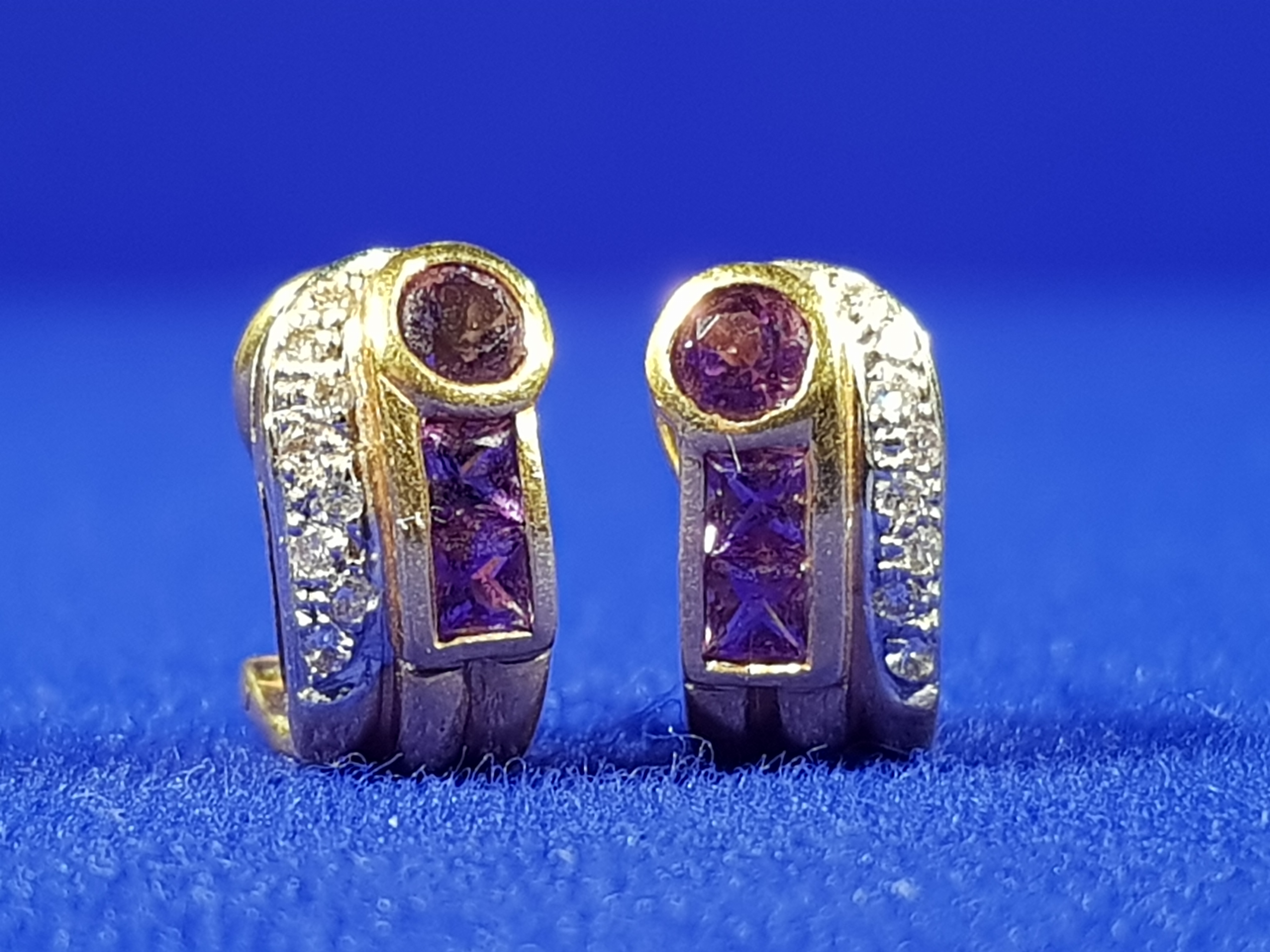 PAIR OF 18CT GOLD, DIAMOND & AMETHYST EARRINGS