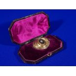 VICTORIAN 9CT GOLD ENAMEL & SEED PEARL MOURNING BROOCH IN ORIGINAL LEATHER SARCOPHAGUS CASE