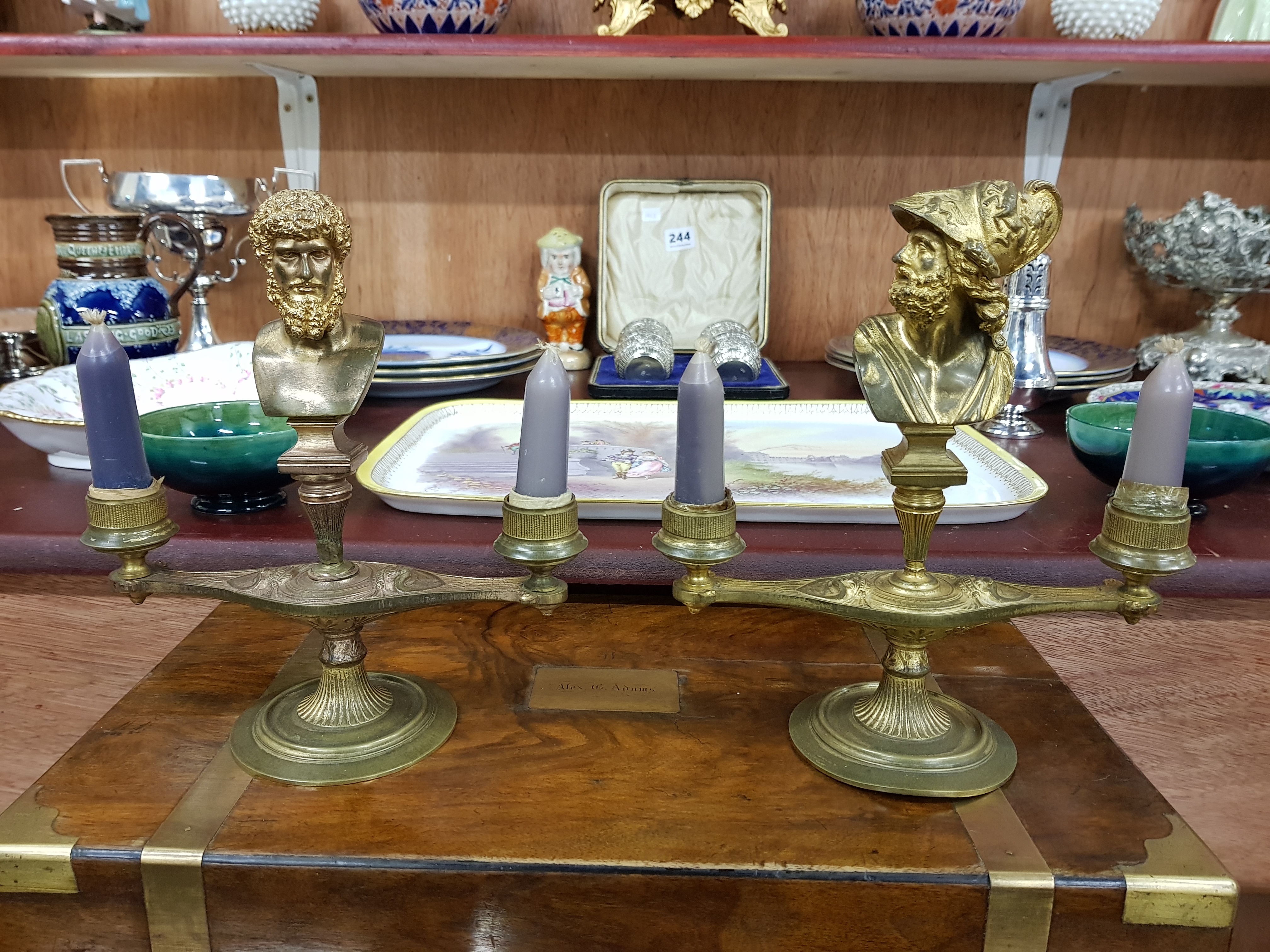 PAIR OF LATE VICTORIAN HEAVILY DECORATED GILT METAL CANDLEABRAS WITH BUSTS DEPICTING GREEK GODS