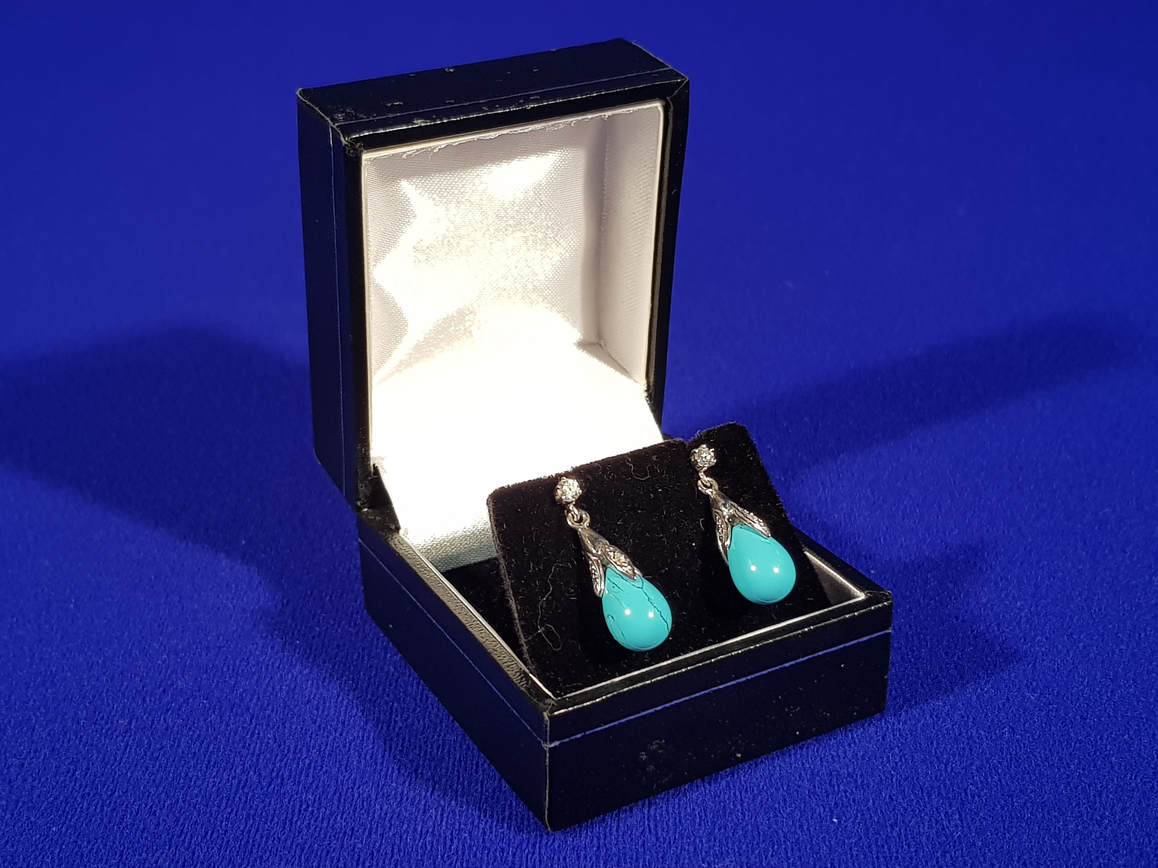 PAIR OF 9CT GOLD DIAMOND SET TURQUOISE EARRINGS