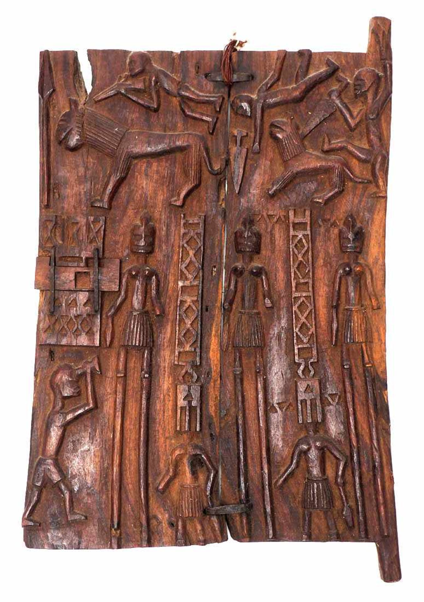Kornspeichertür, Dogon, Mali Fein geschnitzt, mit menschlichen Figuren, Löwen und Jägern. 50x36cm.