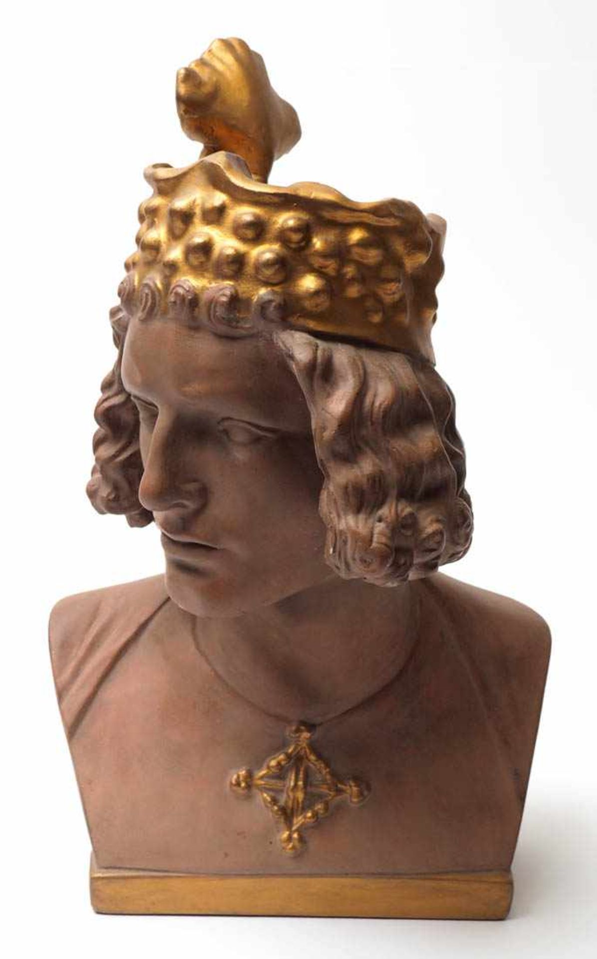 Portraitkopf des Bamberger Reiters Gips, braun und goldfarben gefasst. H.49cm.