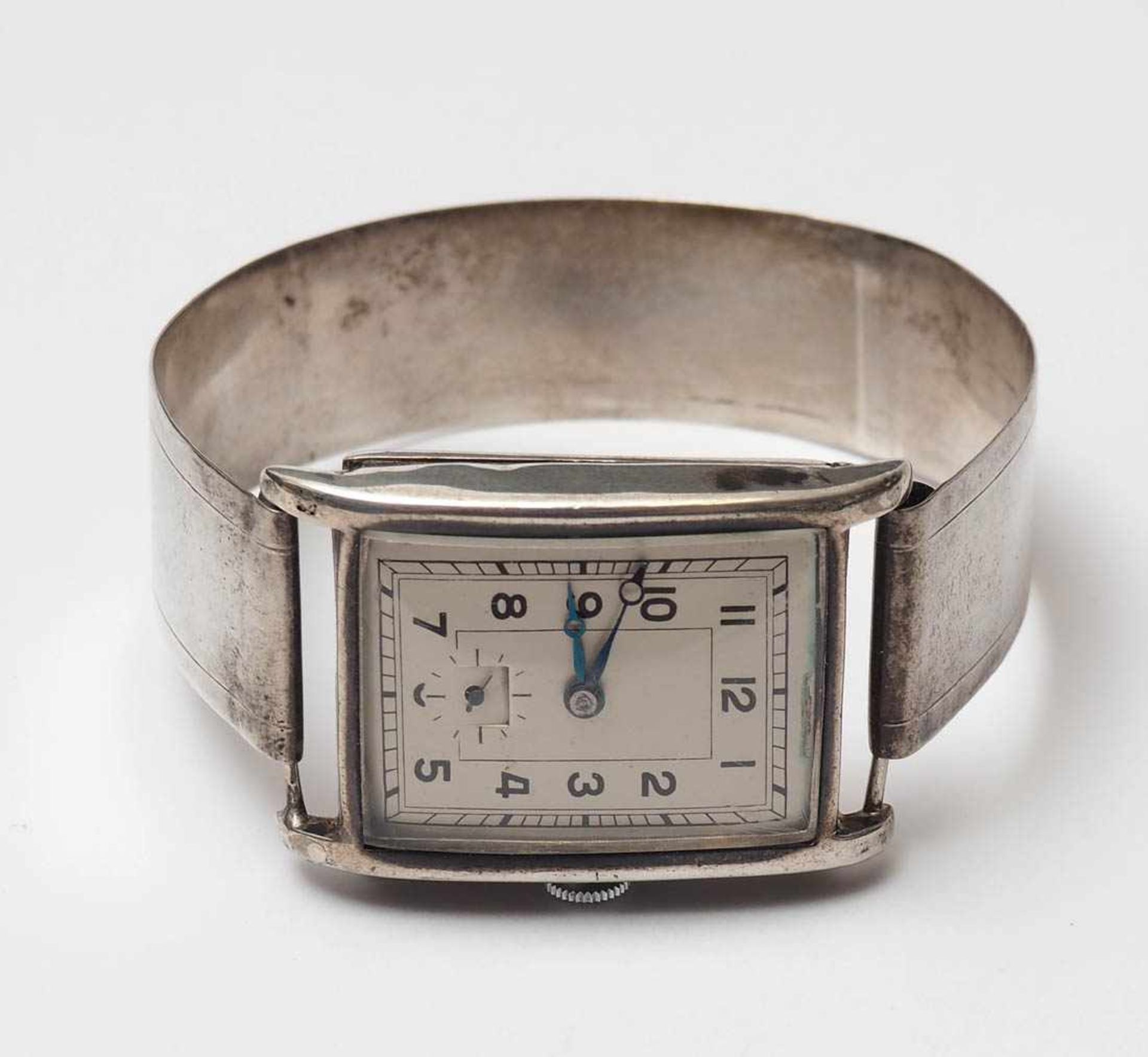 Herrenarmbanduhr, Schweiz, 30er Jahre Tankgehäuse und Spange aus Sterlingsilber. Silbernes - Bild 3 aus 6