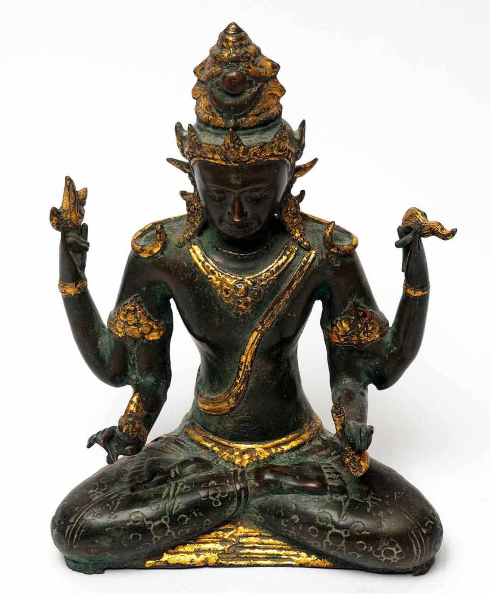 Götterfigur, 19.Jhdt. Wahrscheinlich die hinduistische Göttin Lakshmi. Teilvergoldet. H.28cm, B.
