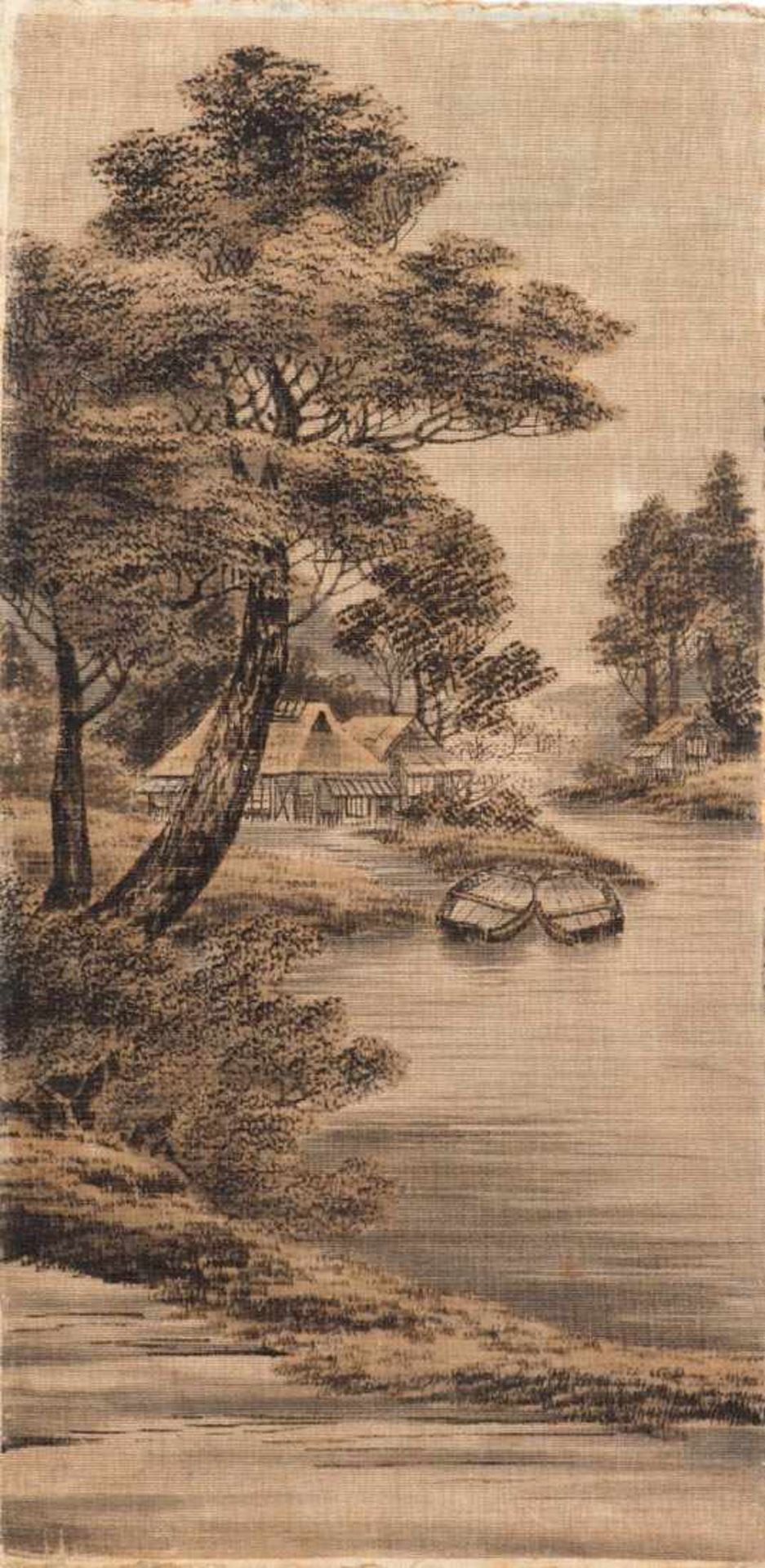Webbild, um 1900 Japanische Landschaft mit Fluß, Häusern und Booten. Teilweise samtartige